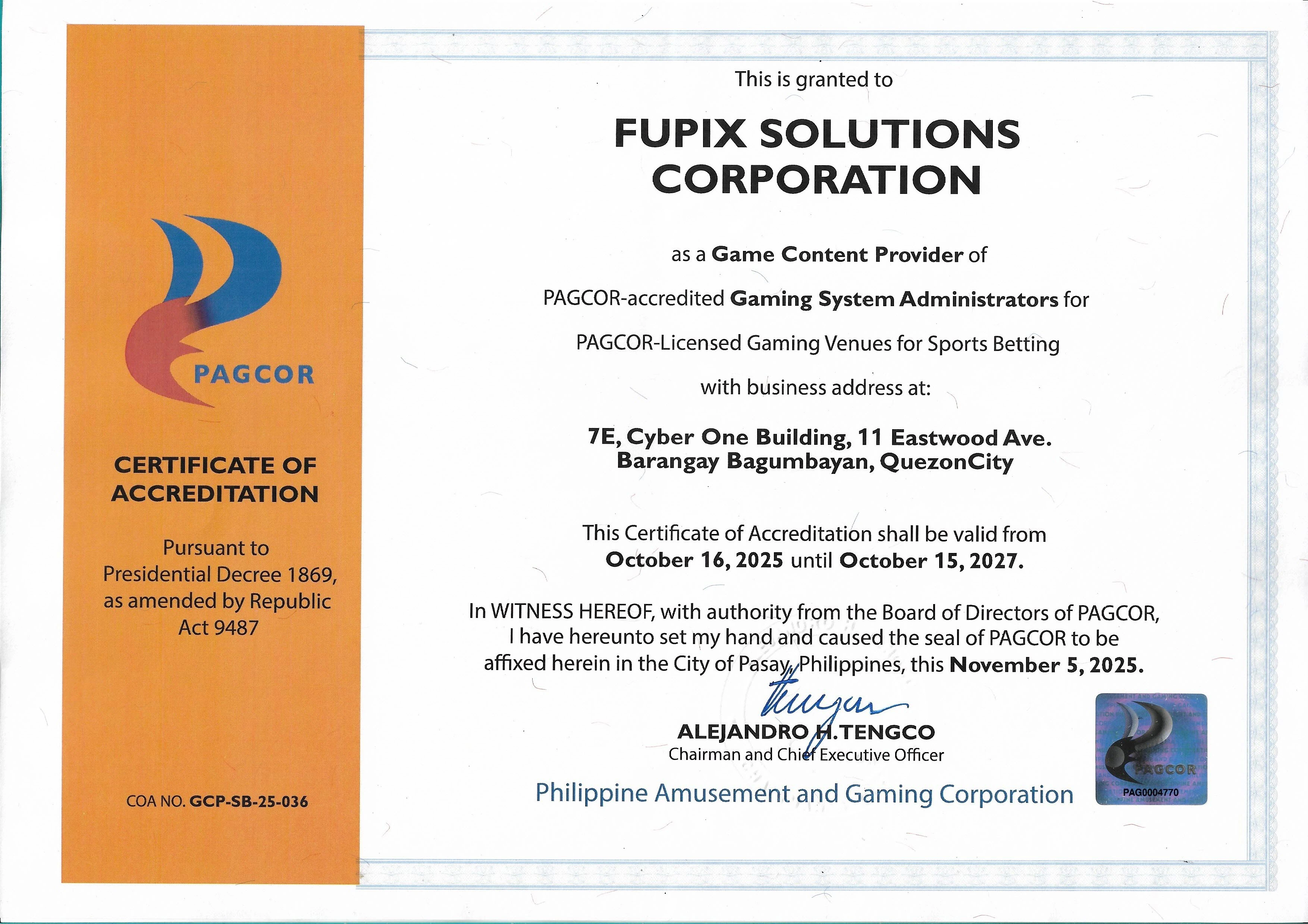 Gaming License Certificate