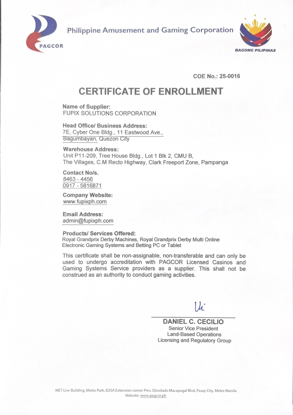 PAGCOR Certificate