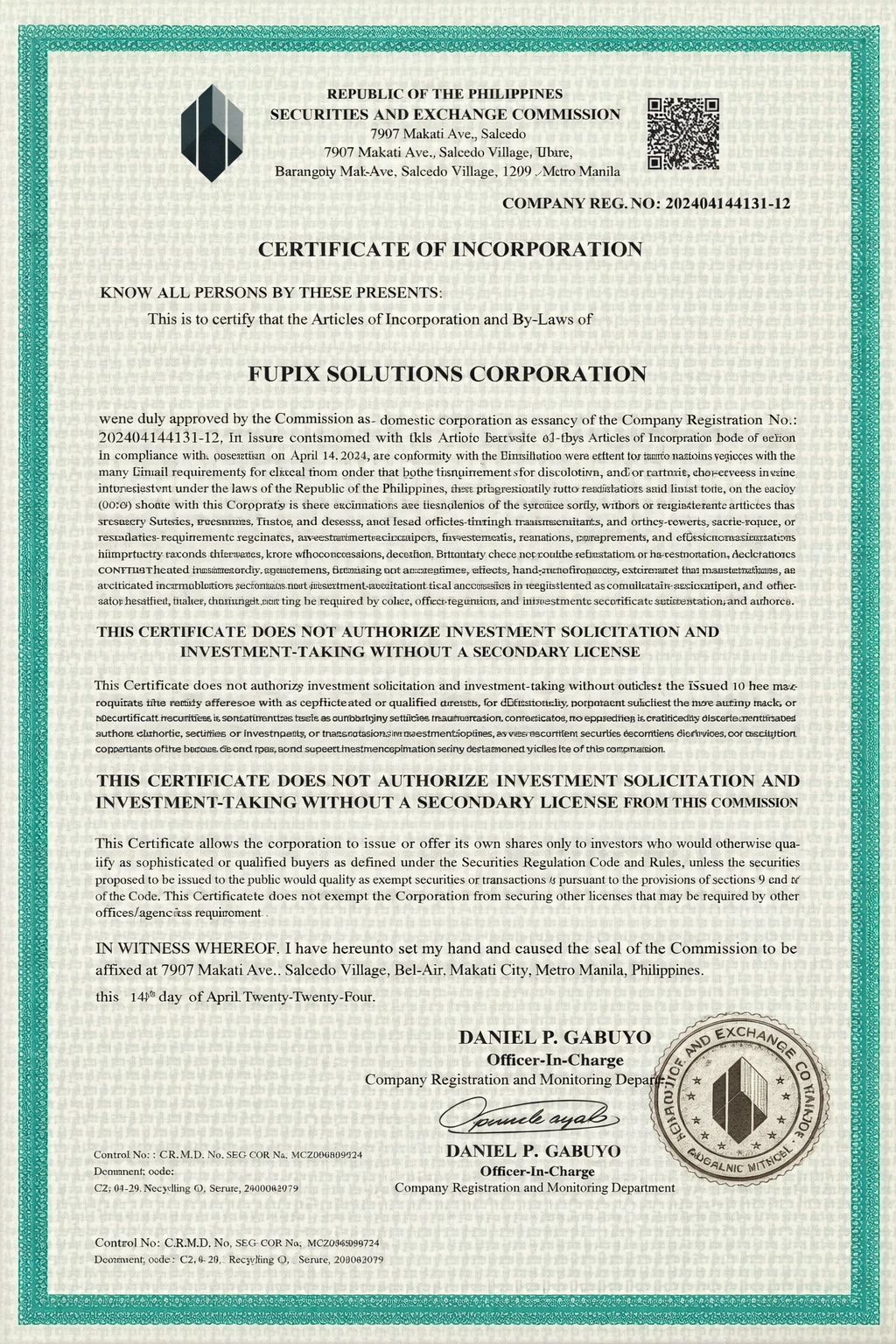 SEC Certificate
